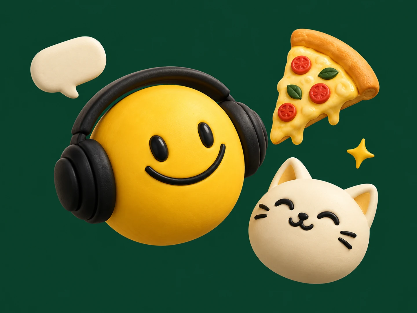 A happy yellow smile wearing headphones beside a cat and a pizza slice